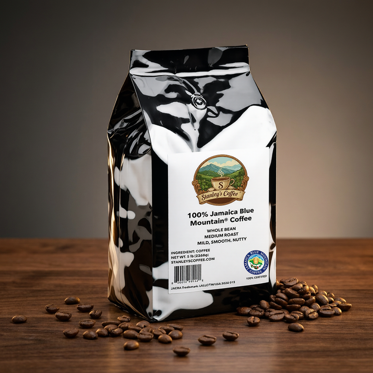 Stanley's Coffee - 100% Jamaica Blue Mountain Coffee: Medium Roast Whole Beans (5lb)