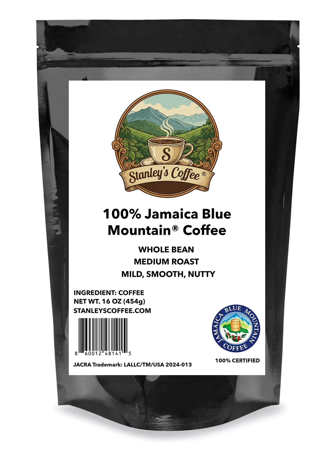 Stanley's Coffee - 100% Jamaica Blue Mountain Coffee: Medium Roast Whole Beans (16oz)