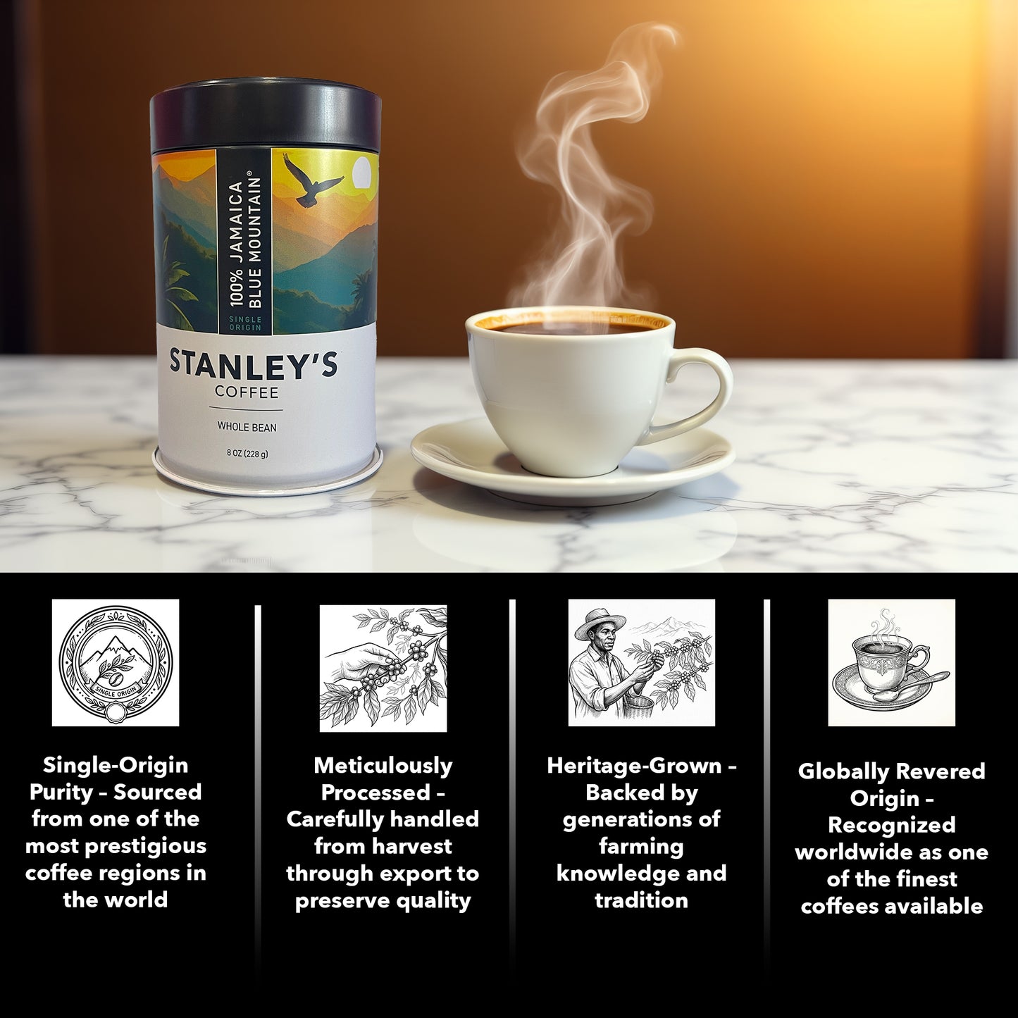 Stanley's Coffee - 100% Jamaica Blue Mountain Coffee: Medium Roast Whole Beans (8oz)
