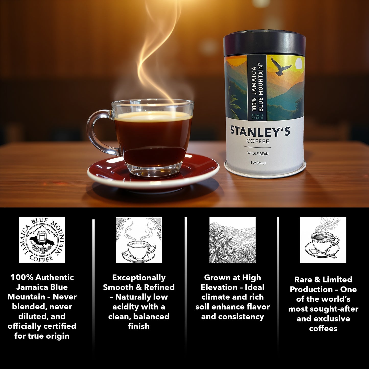 Stanley's Coffee - 100% Jamaica Blue Mountain Coffee: Medium Roast Whole Beans (8oz)